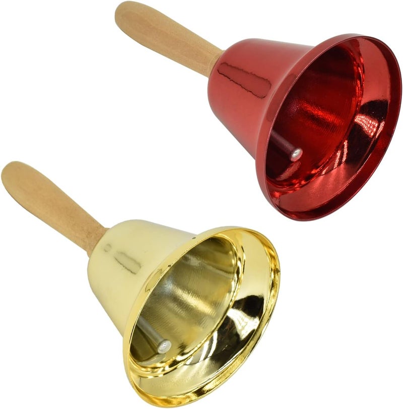 MACLARONX 2 Pcs Hand Call Bells Loud Hand Bells Metal Signal Ringing Bell Christmas Santa Bells with Handle for Service Dinner School Classroom Game Pets Wedding Party Animals, Brass Gold & Red - Image 3